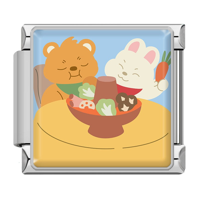 Cute Cartoon Animal Adventures Italian Charms – orange bear and white rabbit holding a carrot sharing a bowl of food at a table enamel charm, Italian charm bracelet charm by Charmtastic