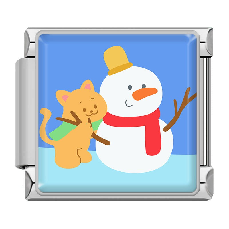 Cute Cartoon Animal Adventures Italian Charms – orange cat hugging a snowman with top hat and red scarf enamel charm, Italian charm bracelet charm by Charmtastic