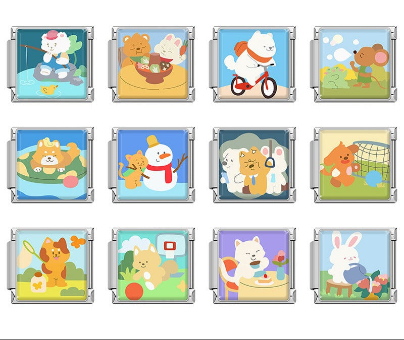 Cute Cartoon Animal Adventures Italian Charms – overview of 12 enamel charms: sheep fishing with a rubber duck, bear and rabbit sharing a bowl of food, polar bear riding a bicycle with backpack, mouse in a garden, shiba inu floating on a pool ring, cat hugging a snowman, tired animals riding a subway train, dog playing soccer, cat catching a butterfly with a net, dog playing with a red ball, cat drinking tea at a table with flowers, and rabbit watering flowers, Italian charm bracelet charms by Charmtastic