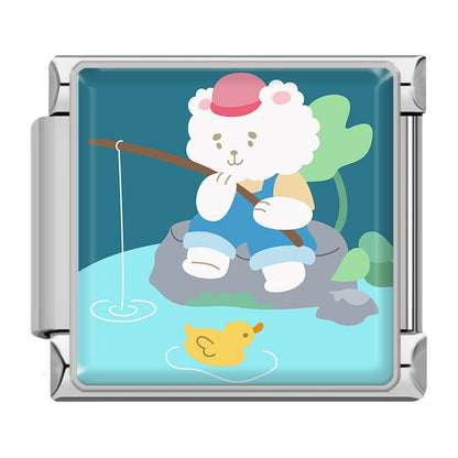 Cute Cartoon Animal Adventures Italian Charms – white sheep in a pink hat fishing on a rock with a rubber duck in the water enamel charm, Italian charm bracelet charm by Charmtastic