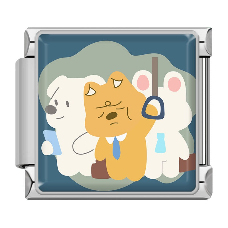 Cute Cartoon Animal Adventures Italian Charms – tired bear, cat, and rabbit riding a crowded subway train holding onto straps enamel charm, Italian charm bracelet charm by Charmtastic