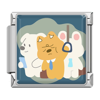 Cute Cartoon Animal Adventures Italian Charms – tired bear, cat, and rabbit riding a crowded subway train holding onto straps enamel charm, Italian charm bracelet charm by Charmtastic