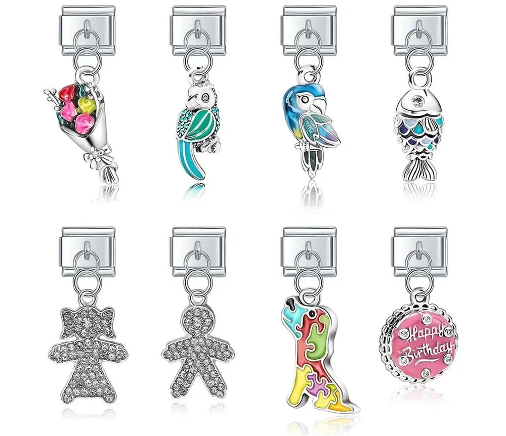Cute Colorful Designs Flower Dog Boy Girls Cake Fish Tree – overview of silver dangle charms: flower bouquet, parrots, fish, girl, boy, dog, and birthday cake, Italian charm bracelet charms by Charmtastic