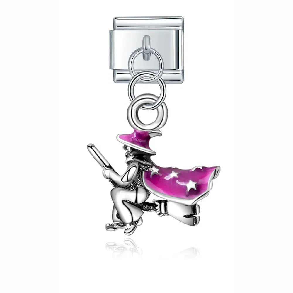 Cute Colorful Designs Flower Dog Boy Girls Cake Fish Tree – purple witch on broomstick dangle charm, Italian charm bracelet charm by Charmtastic