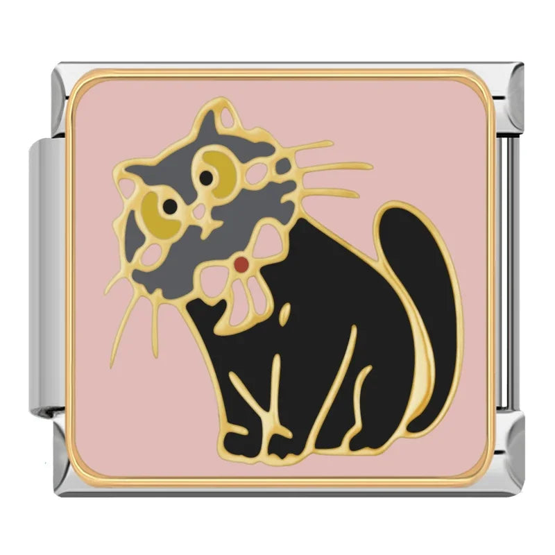 Cute Kitty Cat & Feline Friend Italian Charms – black cat with wide startled eyes on pink background enamel charm, Italian charm bracelet charm by Charmtastic