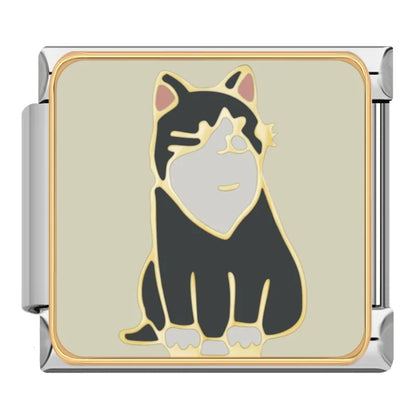 Cute Kitty Cat & Feline Friend Italian Charms – black and white cat sitting upright on cream background enamel charm, Italian charm bracelet charm by Charmtastic