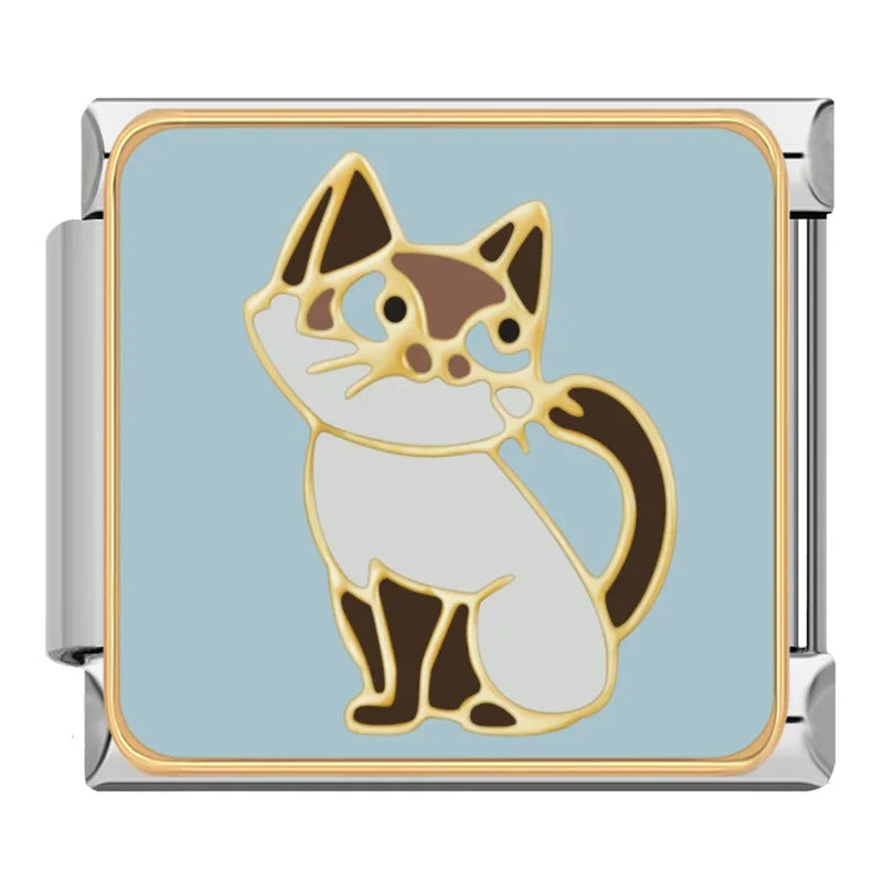 Cute Kitty Cat & Feline Friend Italian Charms – calico cat with brown patches licking paw on light blue background enamel charm, Italian charm bracelet charm by Charmtastic