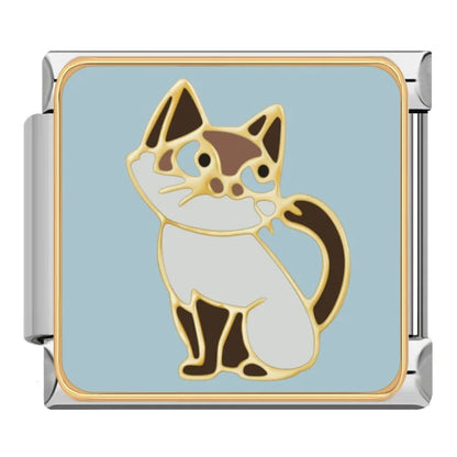 Cute Kitty Cat & Feline Friend Italian Charms – calico cat with brown patches licking paw on light blue background enamel charm, Italian charm bracelet charm by Charmtastic