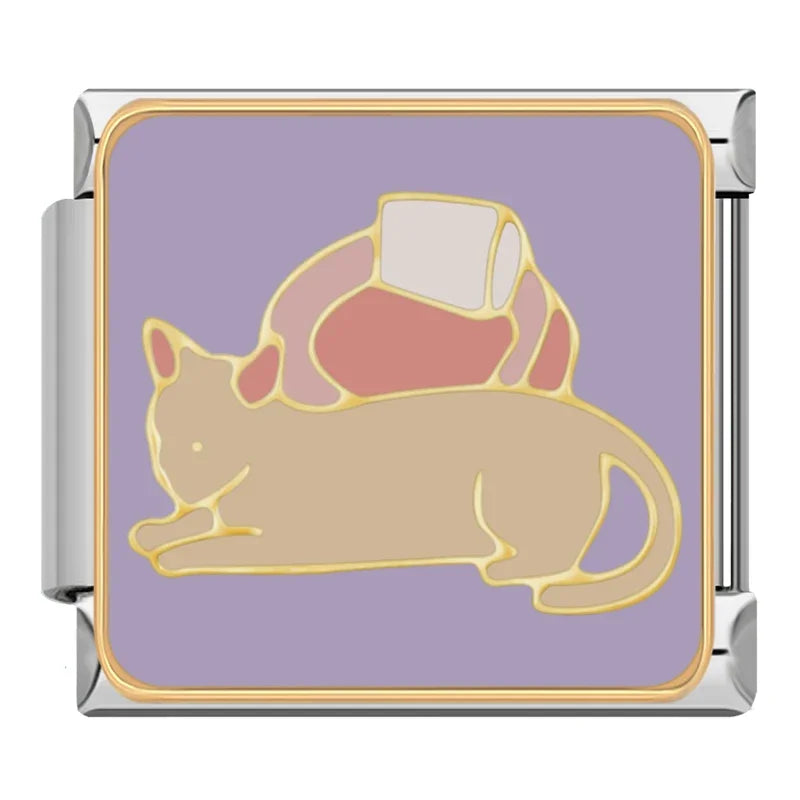 Cute Kitty Cat & Feline Friend Italian Charms – tan cat lying down with a pink cushion on its back on purple background enamel charm, Italian charm bracelet charm by Charmtastic