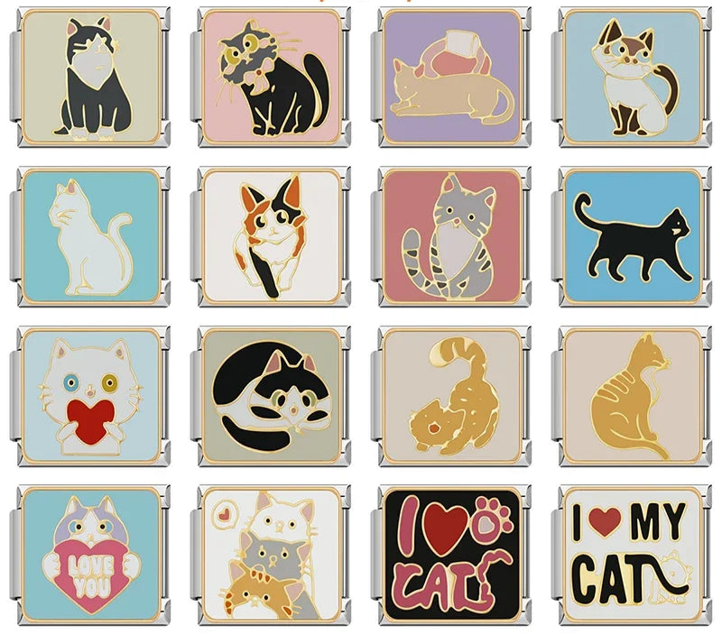 Cute Kitty Cat & Feline Friend Italian Charms – overview of 16 gold-outlined enamel cat charms in various poses and colors, plus I Love Cats and I Love My Cat word charms, Italian charm bracelet charms by Charmtastic