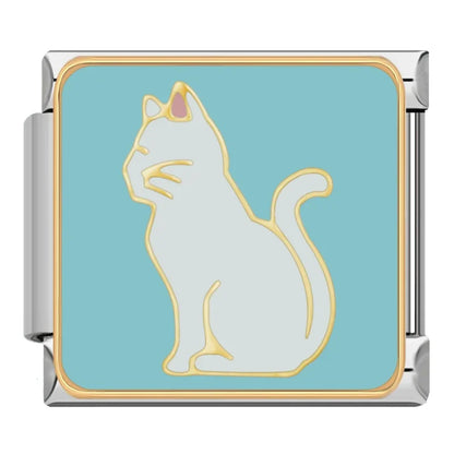 Cute Kitty Cat & Feline Friend Italian Charms – white cat sitting upright looking up on teal background enamel charm, Italian charm bracelet charm by Charmtastic