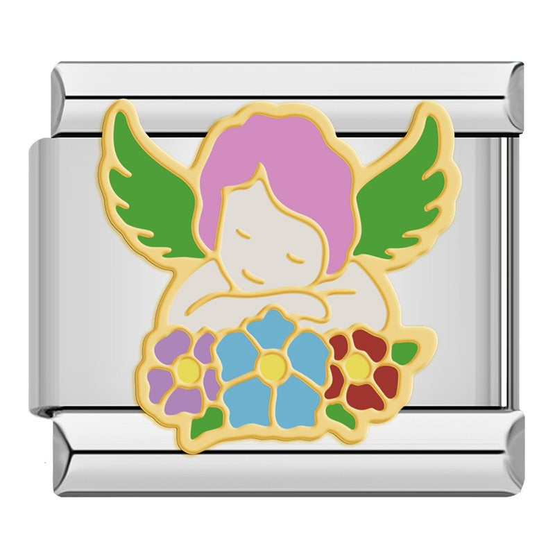 Cute Magic and Bee Puns Italian Charms – sleeping angel with pink hair and green wings resting on purple, blue, and red flowers enamel charm, Italian charm bracelet charm by Charmtastic