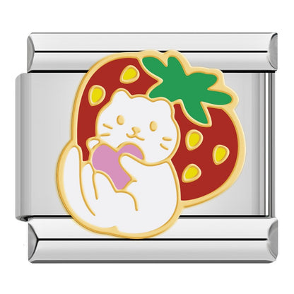 Cute Magic and Bee Puns Italian Charms – white cat hugging a pink heart in front of a red strawberry with green leaves enamel charm, Italian charm bracelet charm by Charmtastic