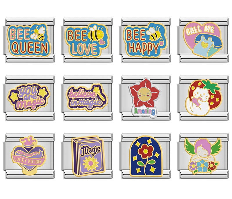 Cute Magic and Bee Puns Italian Charms – overview of 12 enamel charms: Bee Queen, Bee Love, Bee Happy, Call Me heart with dress, You Are Magic, Believe in Magic, red flower with Amazing text, white cat hugging strawberry, Lucky Potion heart, Magic spellbook with flower, blue flower in arched frame, and angel with flowers, Italian charm bracelet charms by Charmtastic