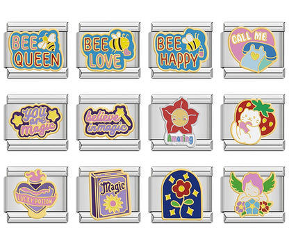 Cute Magic and Bee Puns Italian Charms – overview of 12 enamel charms: Bee Queen, Bee Love, Bee Happy, Call Me heart with dress, You Are Magic, Believe in Magic, red flower with Amazing text, white cat hugging strawberry, Lucky Potion heart, Magic spellbook with flower, blue flower in arched frame, and angel with flowers, Italian charm bracelet charms by Charmtastic