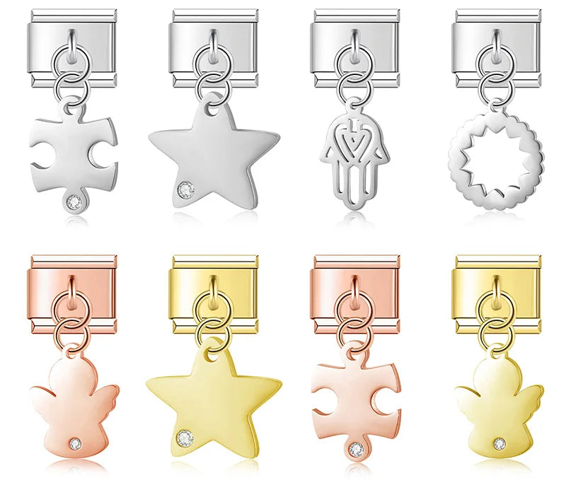 A collection of 9mm Italian charms featuring crisp metal silhouettes. Includes puzzle pieces, stars, and angels with small crystal accents, plus a hamsa hand and scalloped circle. Available in silver, gold, and rose gold finishes.