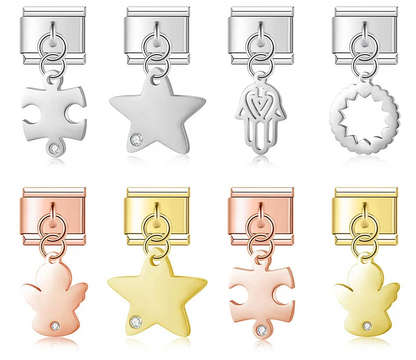 A collection of 9mm Italian charms featuring crisp metal silhouettes. Includes puzzle pieces, stars, and angels with small crystal accents, plus a hamsa hand and scalloped circle. Available in silver, gold, and rose gold finishes.