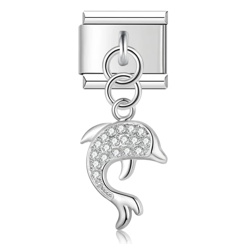 Dolphin CZ silver dangle Italian charm, by Charmtastic