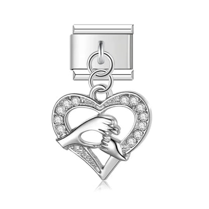 Flamingo heart CZ silver dangle Italian charm, by Charmtastic