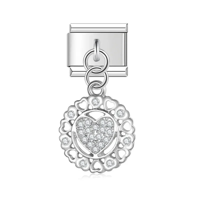 Flower wreath CZ silver dangle Italian charm, by Charmtastic