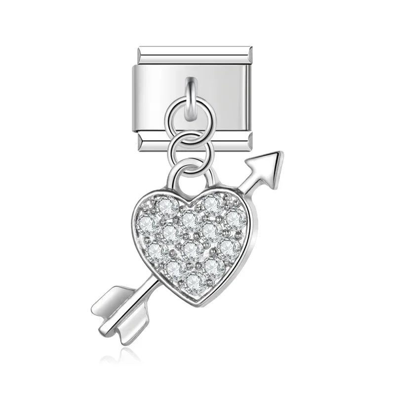 Heart and arrow CZ silver dangle Italian charm, by Charmtastic