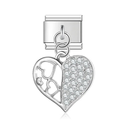 Hearts in heart CZ silver dangle Italian charm, by Charmtastic