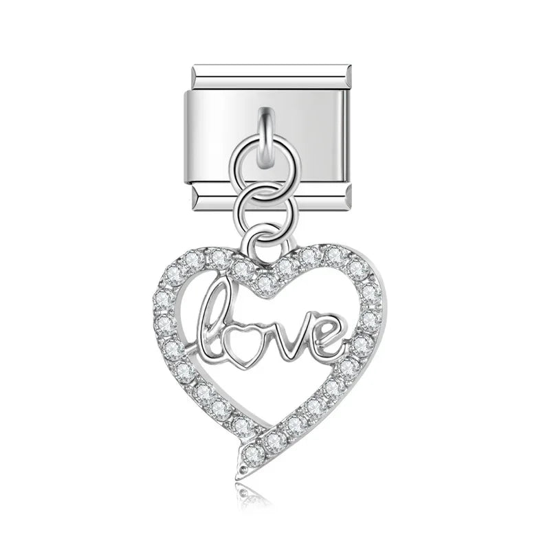 Love heart CZ silver dangle Italian charm, by Charmtastic