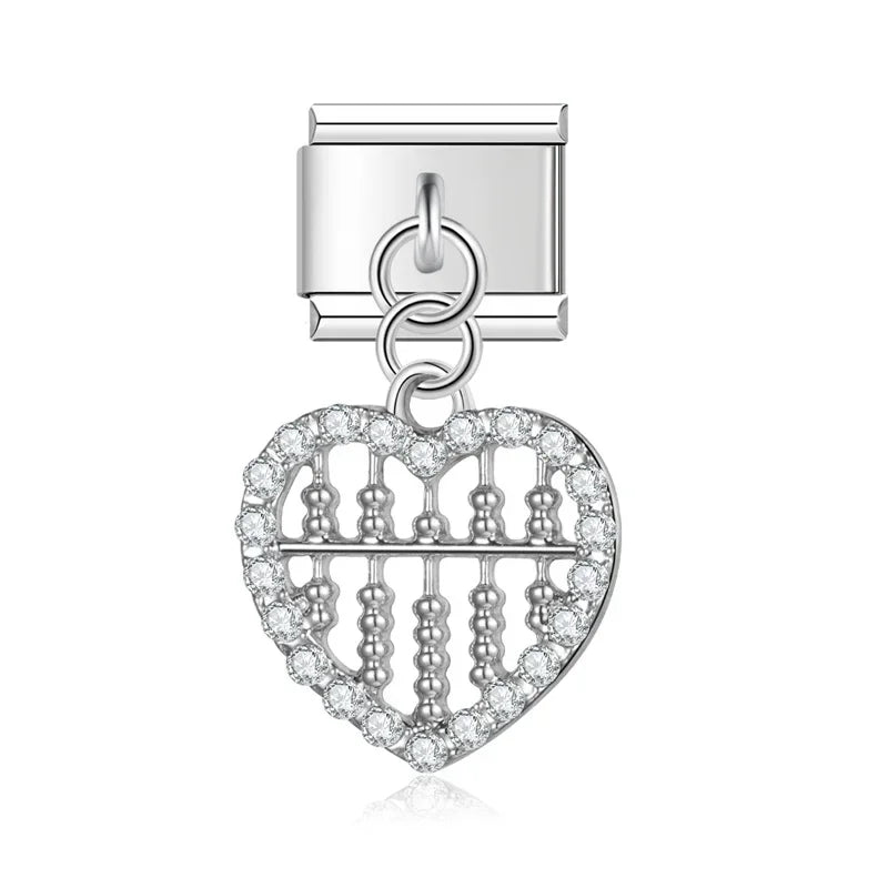 Pave heart CZ silver dangle Italian charm, by Charmtastic
