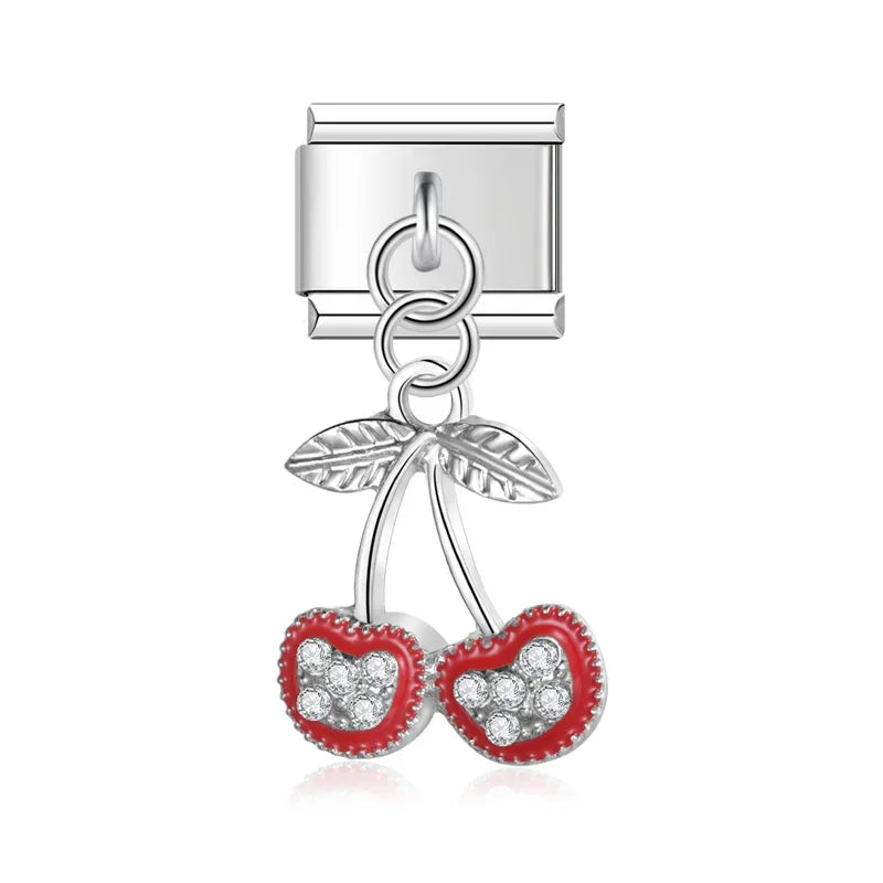 Red cherries CZ silver dangle Italian charm, by Charmtastic