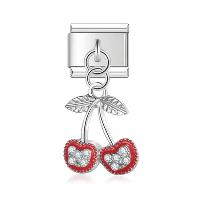 Red cherries CZ silver dangle Italian charm, by Charmtastic