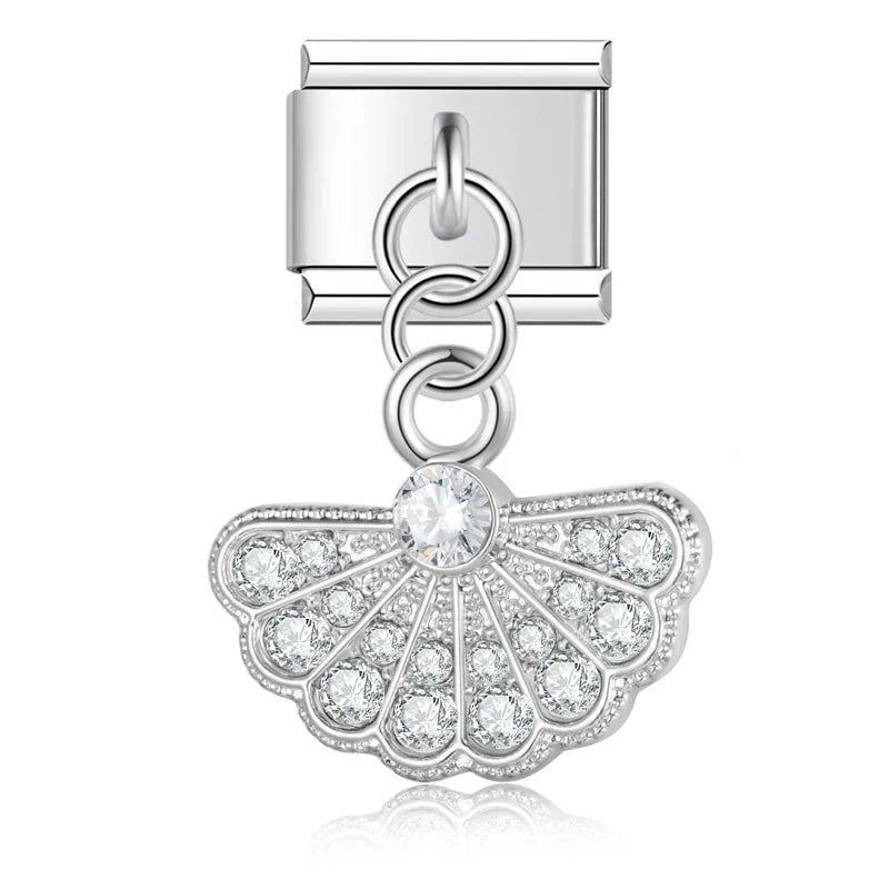Scallop fan CZ silver dangle Italian charm, by Charmtastic