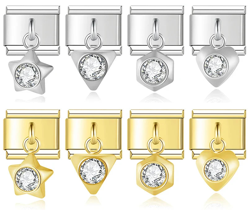 Round Star Heart Gemstone Charms – CZ solitaire charm in star, triangle, hexagon, and heart shapes across silver and gold, Italian charm bracelet charms by Charmtastic