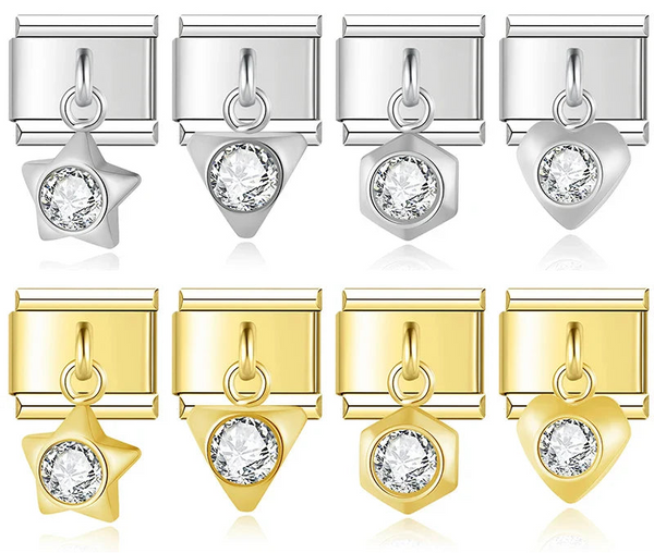Round Star Heart Gemstone Charms – CZ solitaire charm in star, triangle, hexagon, and heart shapes across silver and gold, Italian charm bracelet charms by Charmtastic