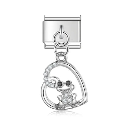 Teddy bear heart CZ silver dangle Italian charm, by Charmtastic
