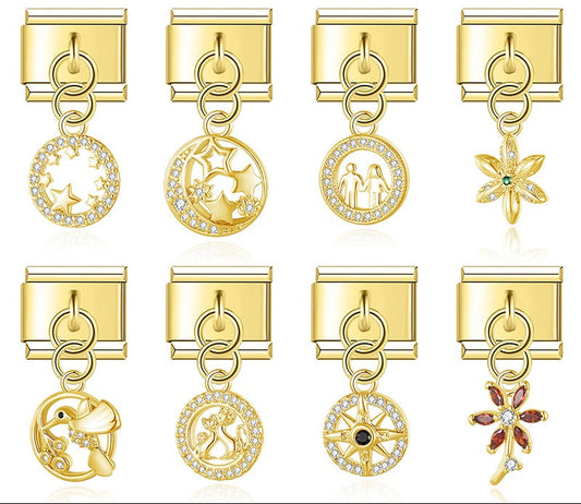 Elegant Golden Round Star Flower Birds charms