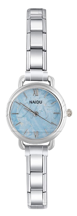 Round Silver Watch with Marble Face Dial — Blue & Black Italian Charm Watch Bracelet