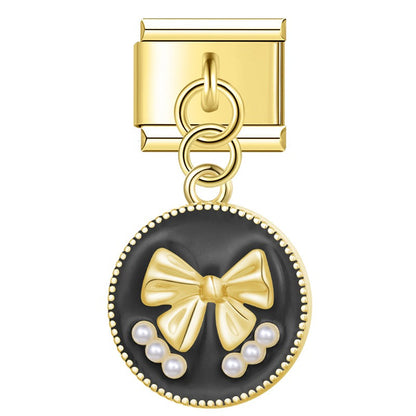 Heart & Pearl Bow Dangle Italian Charms in Gold — Textured Enamel Heart & Pearl Medallion Dangle Links