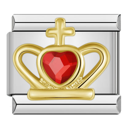 Gold CZ Heart, Pearl, Crown & Double Heart Italian Charms — Gem-Set Bracelet Links