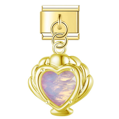Mermaid’s Treasure Shell & Opalescent Heart Dangle Italian Charms — Ocean Pearl & Shell Dangle Links