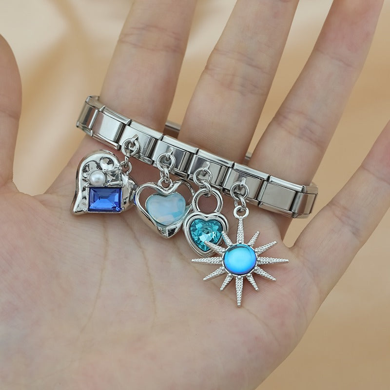 blue themed Sun Planet Heart charms silver&gold