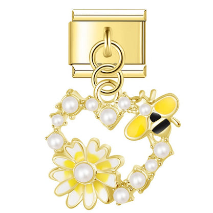 Pearl Floral Wreath & Bumblebee Heart Dangle Italian Charms in Gold — Pearl Daisy & Bee Heart Dangle Links