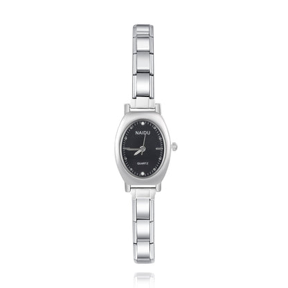 Sleek Oval Silver Watch with Minimalist Dial — Clean Italian Charm Watch Bracelet