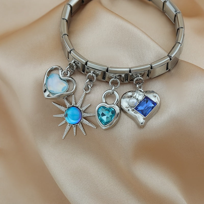 blue themed Sun Planet Heart charms silver&gold