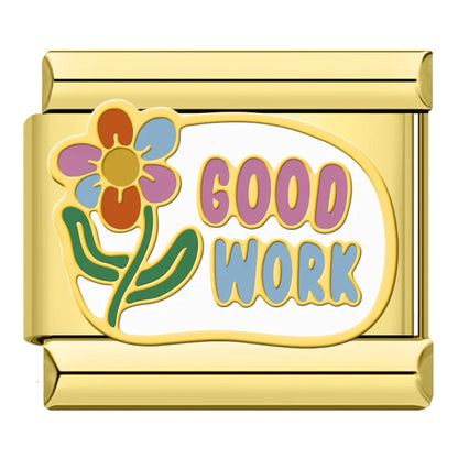 Daily Excellence & Positive Affirmation Charms – Good Work word enamel charm with colorful flower, Italian charm bracelet charm by Charmtastic
