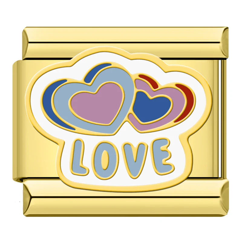 Daily Excellence & Positive Affirmation Charms – Love word enamel charm with two overlapping hearts, Italian charm bracelet charm by Charmtastic