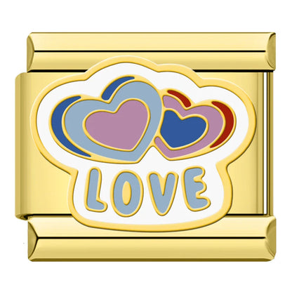 Daily Excellence & Positive Affirmation Charms – Love word enamel charm with two overlapping hearts, Italian charm bracelet charm by Charmtastic