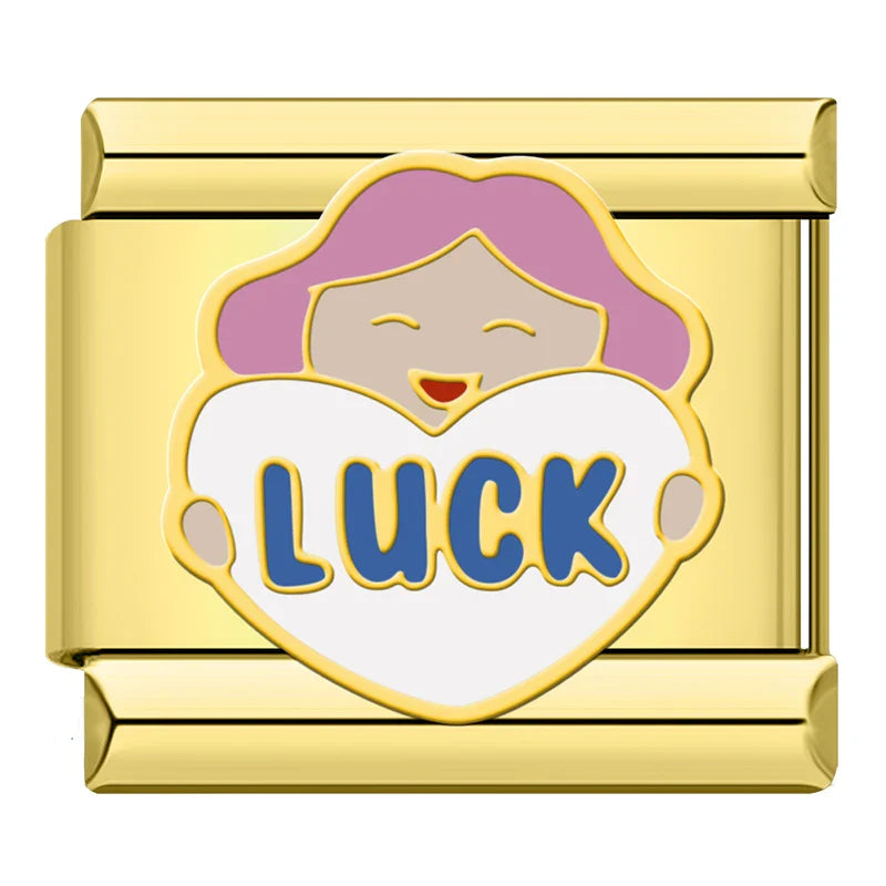Daily Excellence & Positive Affirmation Charms – Luck word enamel charm with smiling girl character holding a heart, Italian charm bracelet charm by Charmtastic