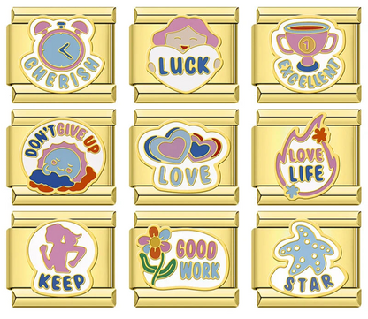 Daily Excellence & Positive Affirmation Charms – overview of 9 gold-framed word enamel charms: Cherish alarm clock, Luck girl with heart, Excellent trophy, Don't Give Up sun, Love hearts, Love Life flame, Keep girl silhouette, Good Work flower, Star starfish, Italian charm bracelet charms by Charmtastic