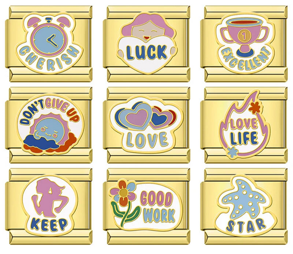 Daily Excellence & Positive Affirmation Charms – overview of 9 gold-framed word enamel charms: Cherish alarm clock, Luck girl with heart, Excellent trophy, Don't Give Up sun, Love hearts, Love Life flame, Keep girl silhouette, Good Work flower, Star starfish, Italian charm bracelet charms by Charmtastic