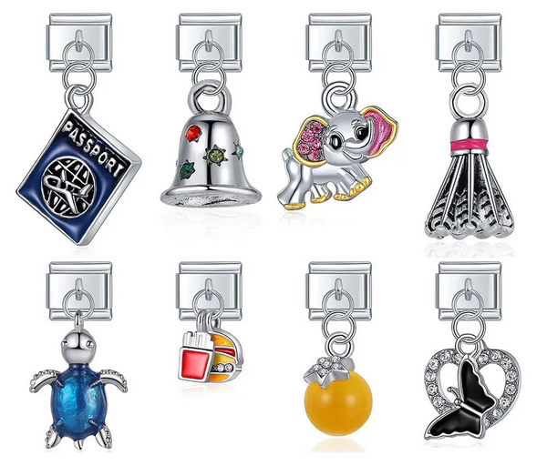 Daisy Bell Blue Turtle Beads silver charms – silver Italian charm set including passport, bell, elephant, shuttlecock, turtle, fries, bead, and butterfly heart charms, Italian charm bracelet charms by Charmtastic